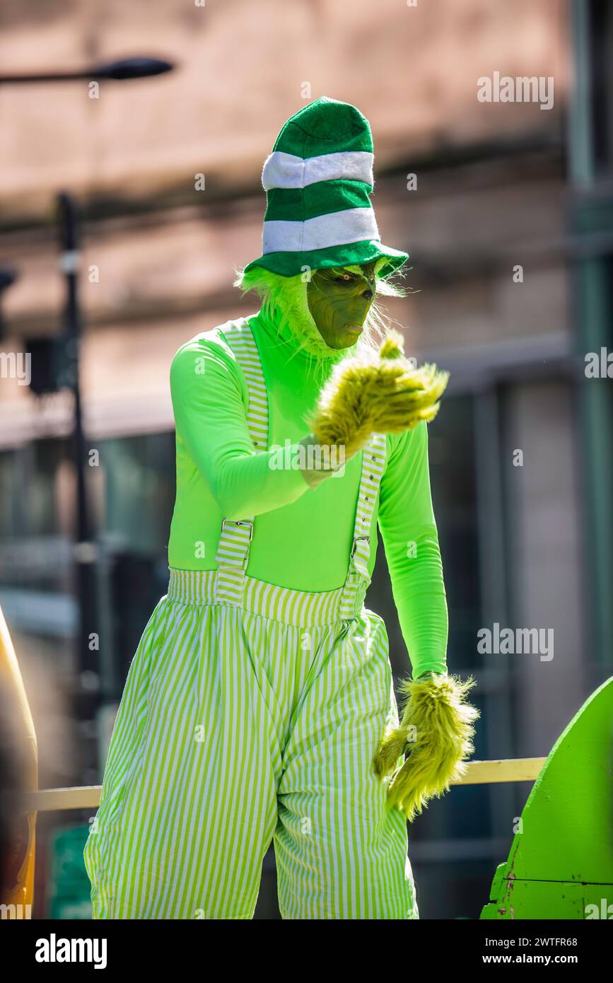 Montreal, Canada - March 17 2024： People celebrating the Saint Patrick`s Day Parade in Montreal downtown Stock Photo